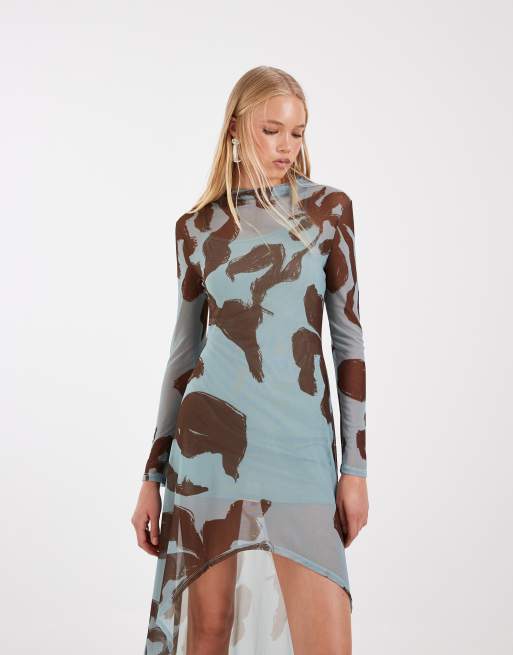 ASOS DESIGN high low printed mesh dress in blue, 5 of 5
