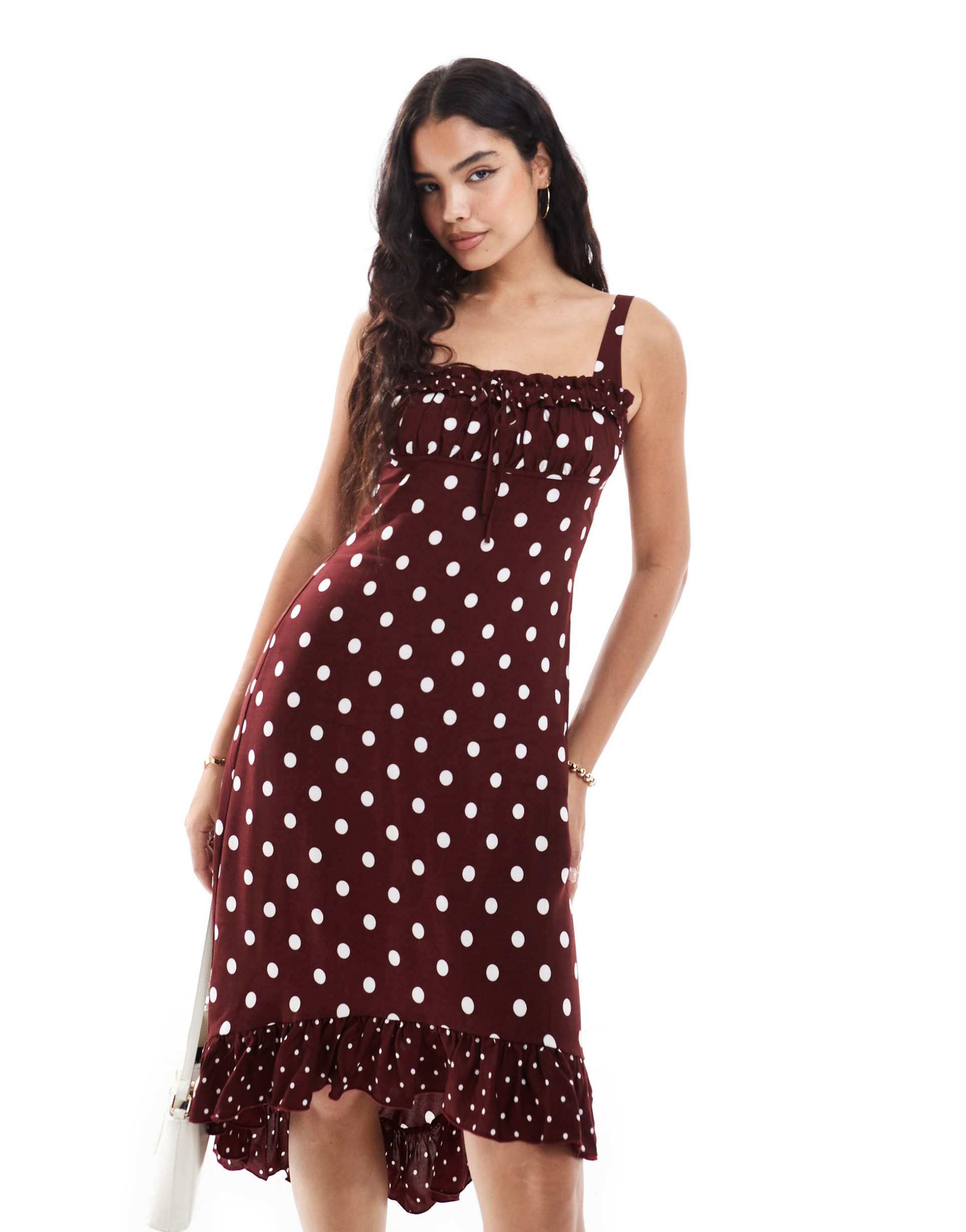 asos design high low ruffle bust spun dress in burgundy spot print