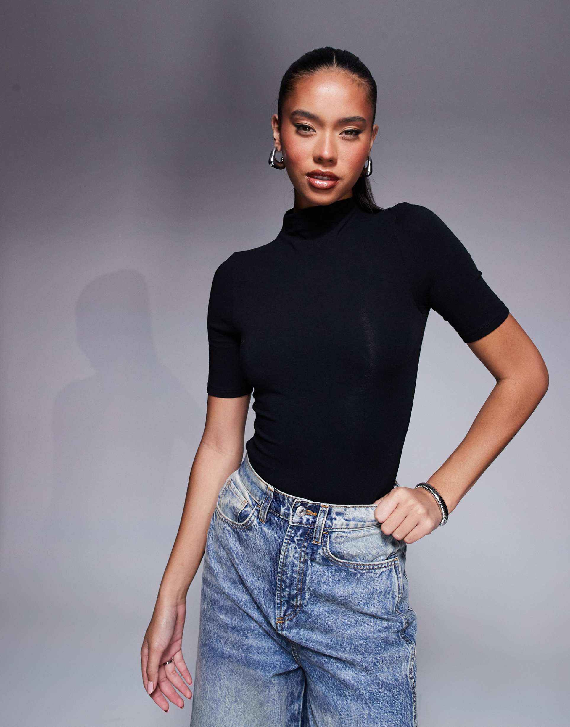 asos design high neck 3/4 sleeve bodysuit in black