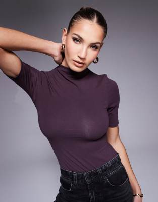 Asos Design High Neck 3/4 Sleeve Bodysuit In Purple