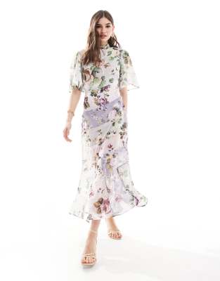 Asos Design High Neck 3/4 Sleeve Slit Midi Dress In Multi