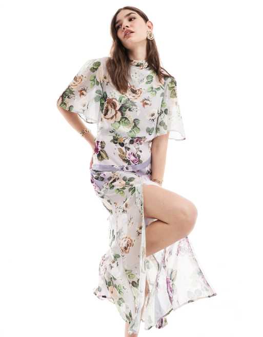 ASOS DESIGN high neck 3 4 sleeve slit midi dress in lilac floral print ASOS