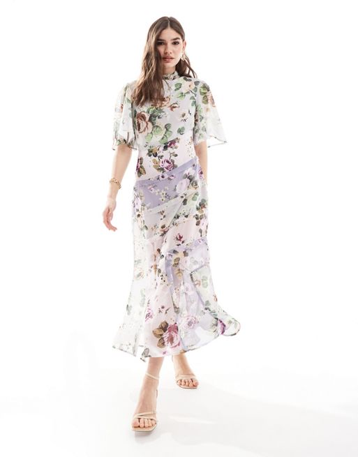 FhyzicsShops DESIGN high neck 3/4 sleeve split midi dress in lilac floral print