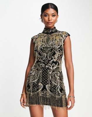 ASOS DESIGN  high neck all over embellished velvet mini dress in black with gold sequin