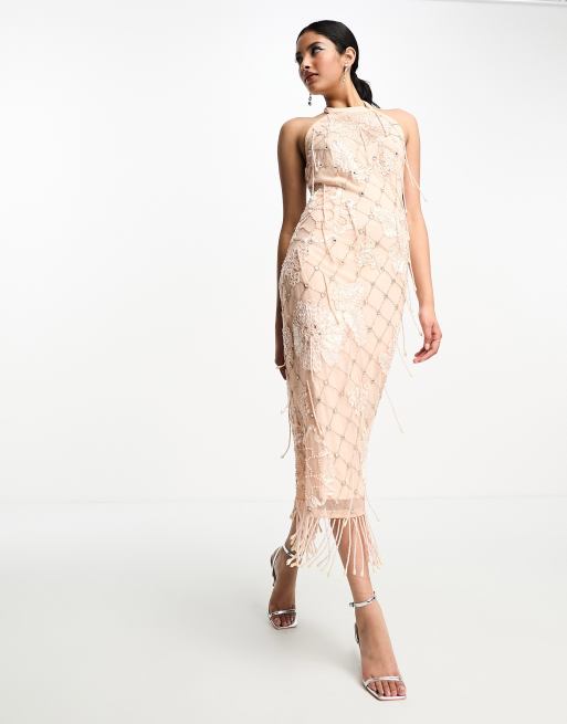 FhyzicsShops DESIGN  high neck applique pearl mesh midi dress in peach