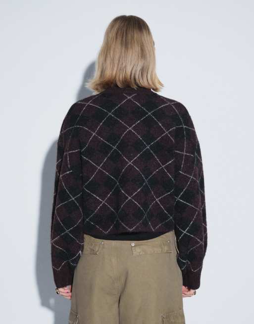 ASOS DESIGN high neck argyle jumper in burgundy & chocolate, 4 of 4