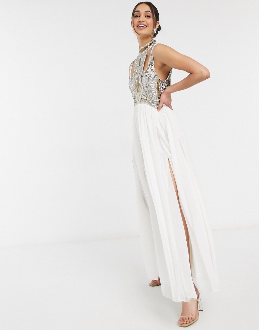 ASOS DESIGN high neck armour embellished maxi dress with cut out detail-White