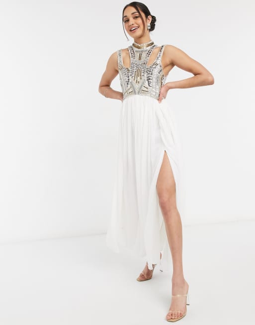 ASOS DESIGN high neck armour embellished maxi dress with cut out detail