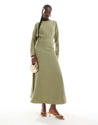 Asos Design High Neck Asym Seam Maxi Dress In Khaki-no Color In Green