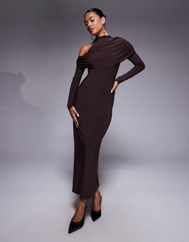 ASOS Design High Neck Asymmetric Cold Shoulder Midi Dress in chocolate-Brown