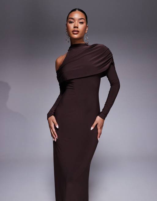 ASOS DESIGN high neck asymmetric cold shoulder midi dress in chocolate
