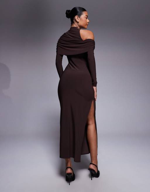 ASOS DESIGN high neck asymmetric cold shoulder midi dress in chocolate