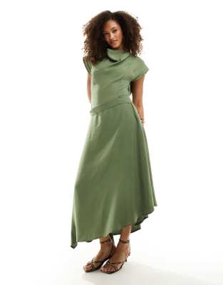 Asos Design High Neck Asymmetric Hem Midi Dress In Khaki-green