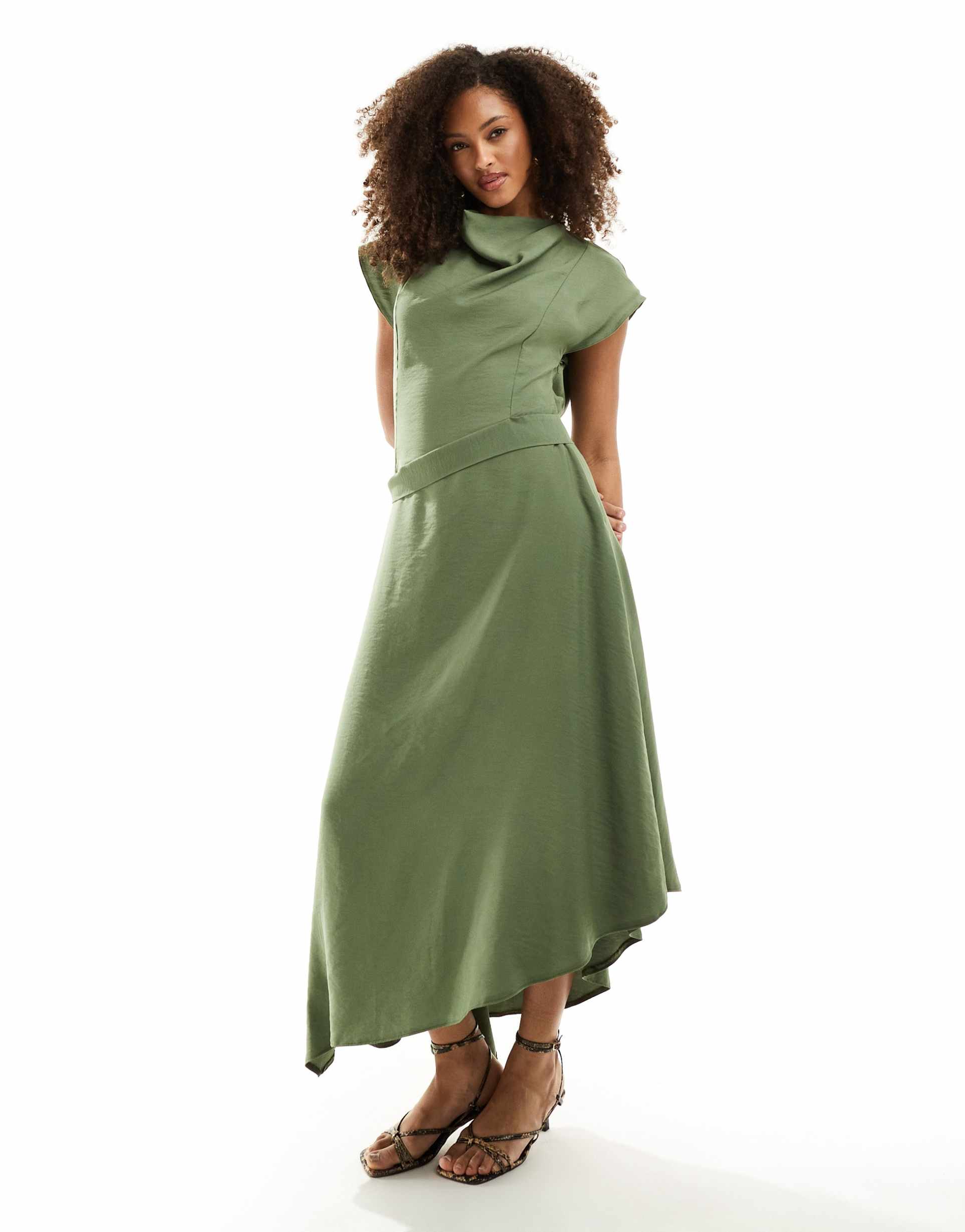 asos design high neck asymmetric hem midi dress in khaki