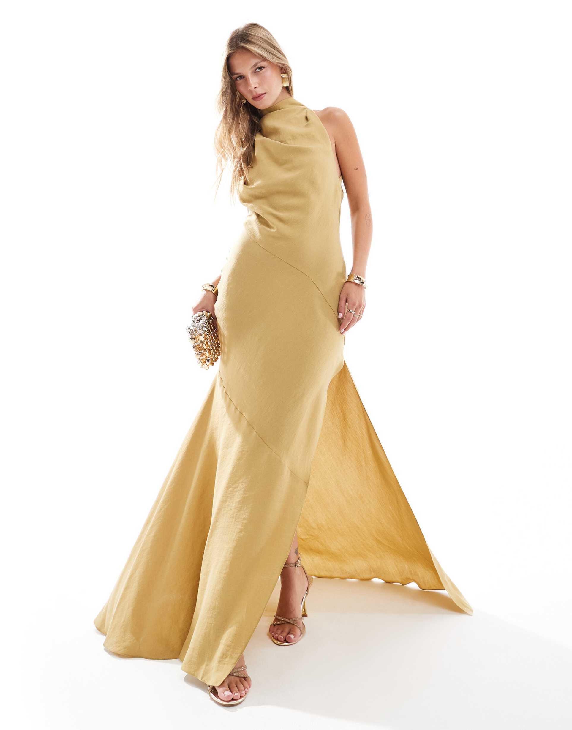 asos design high neck asymmetric maxi dress with thigh split in gold