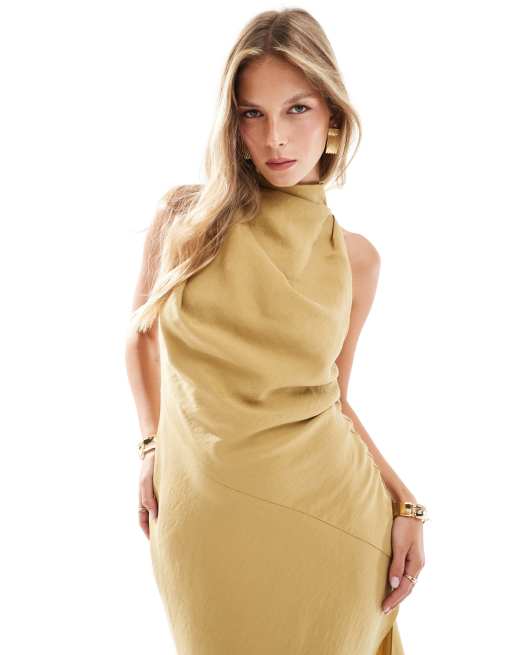 ASOS DESIGN high neck asymmetric maxi dress with thigh split in gold