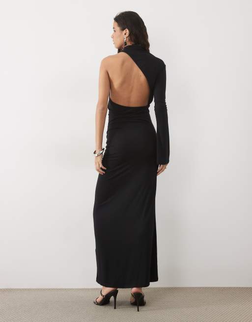 ASOS DESIGN high neck asymmetric one sleeve maxi dress with slash cutout back in black, 2 of 4