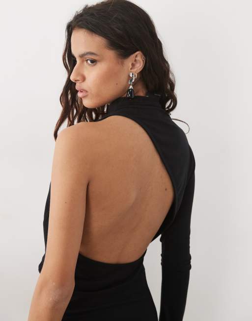 ASOS DESIGN high neck asymmetric one sleeve maxi dress with slash cutout back in black, 4 of 4