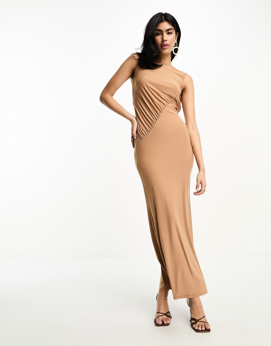 ASOS DESIGN high neck asymmetric ruched low back maxi dress in camel-Multi