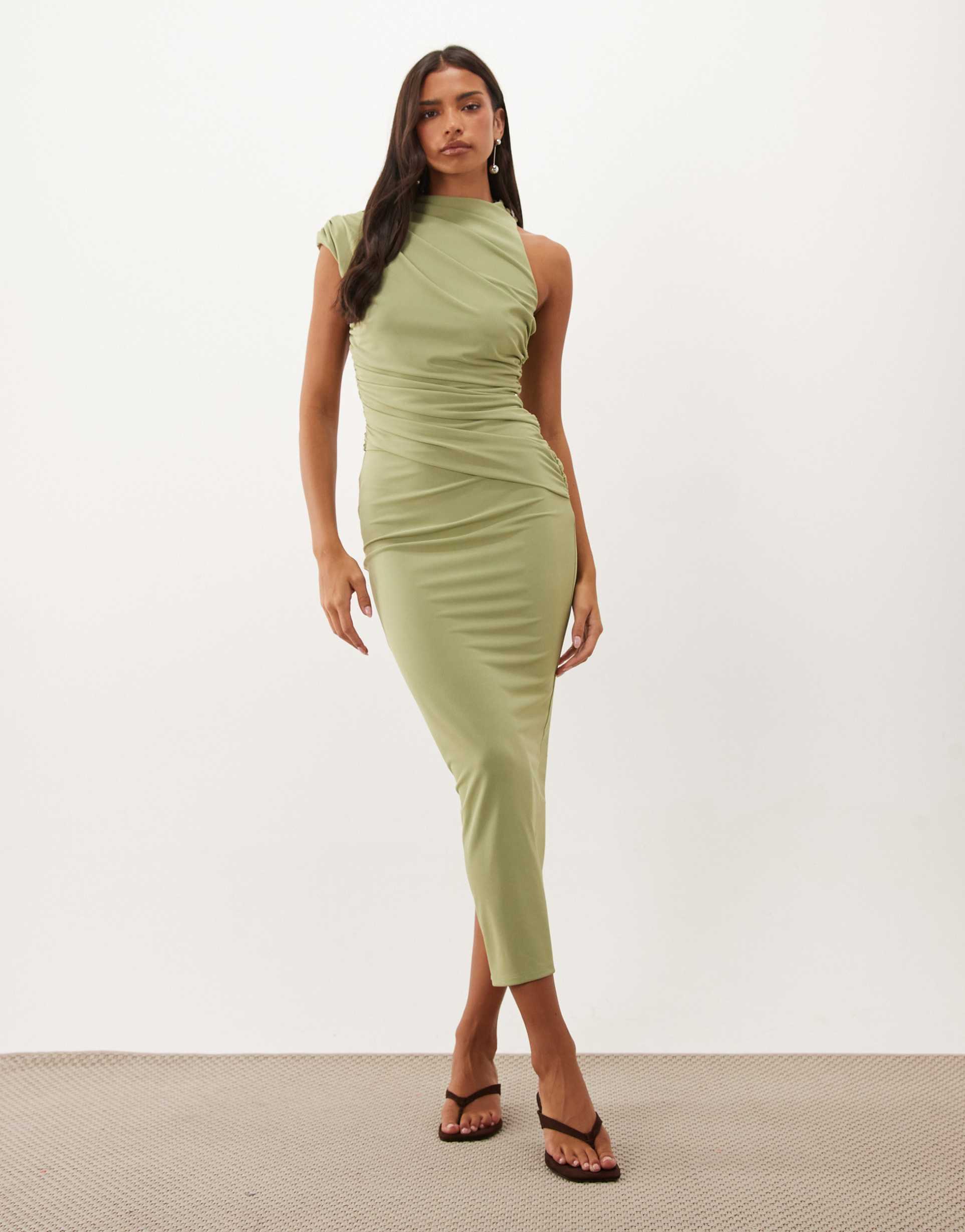asos design high neck asymmetric ruched midaxi dress in sage