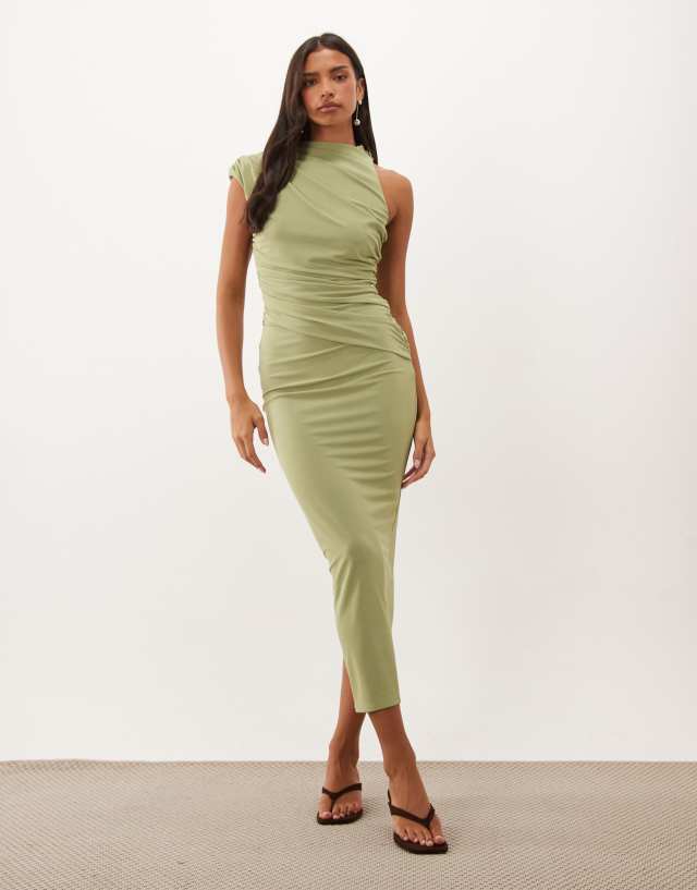 formal green midi dress ASOS DESIGN high neck asymmetric ruched in sage emerald green dress for wedding