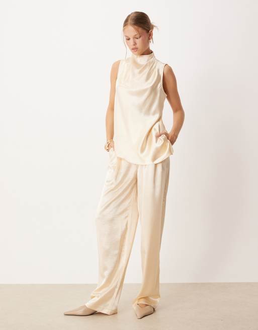 ASOS DESIGN high neck asymmetric satin top in ivory (Part of a set), 2 of 4