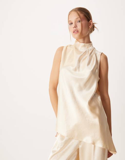 ASOS DESIGN high neck asymmetric satin top in ivory (Part of a set), 4 of 4