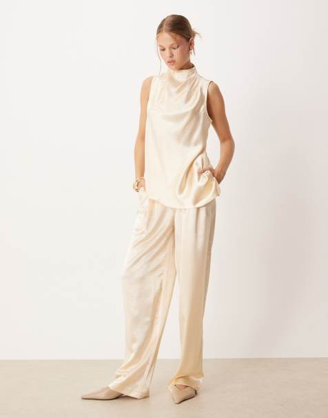 ASOS DESIGN high neck asymmetric satin top & tailored straight leg satin trouser co-ordin ivory - view 1