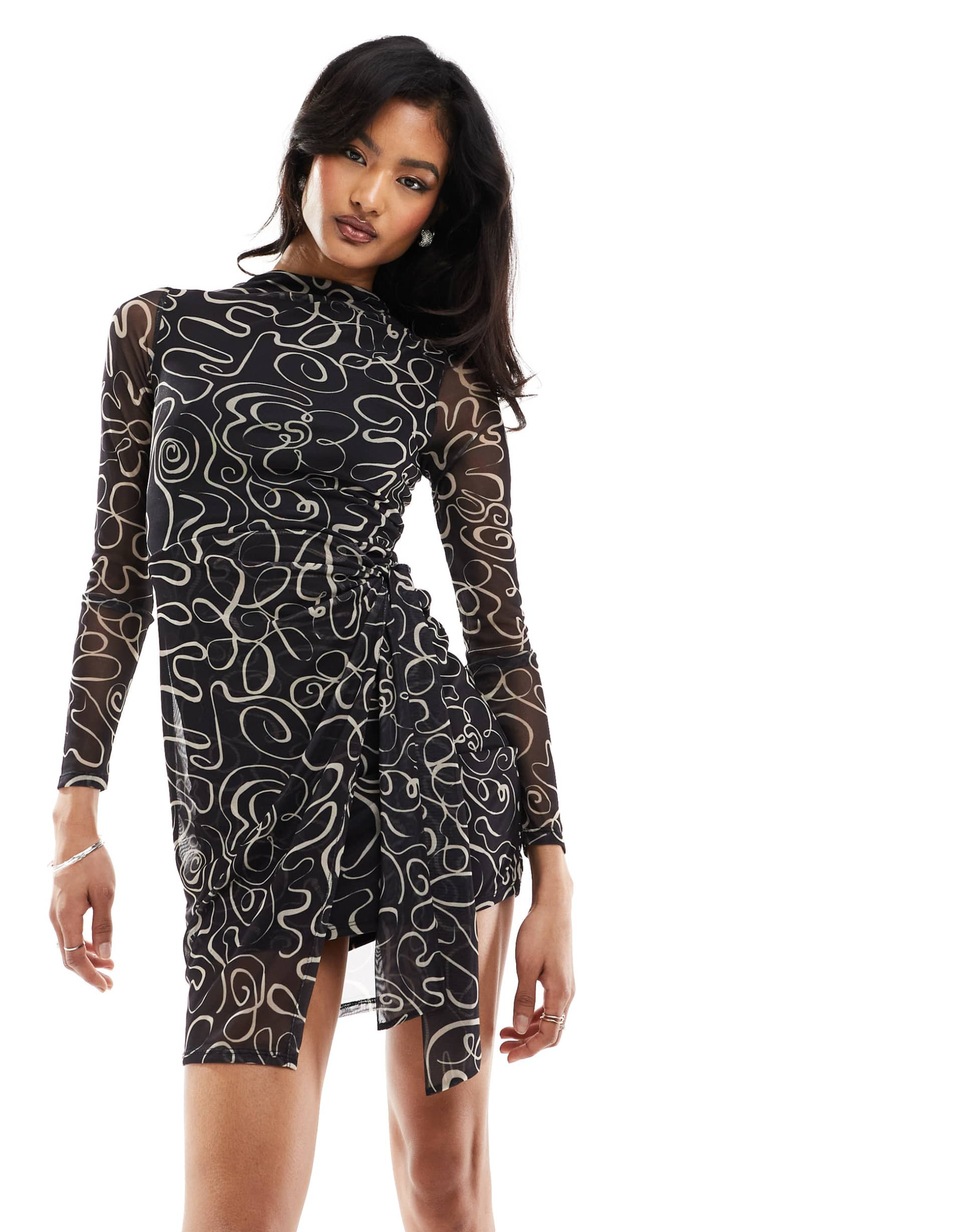 asos design high neck asymmetric wrap mini dress in mono swirl print