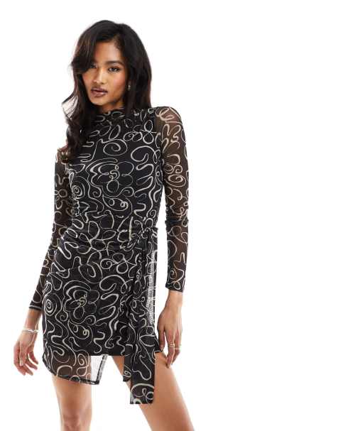 ASOS DESIGN high neck asymmetric wrap mini dress in mono swirl print - view 1