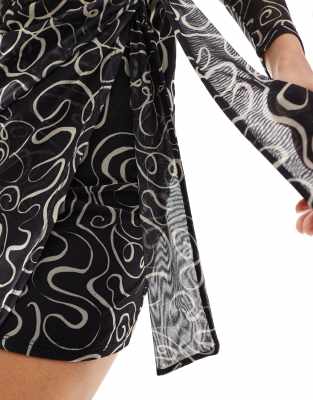 Asos Design High Neck Asymmetric Wrap Mini Dress In Mono Swirl Print-multi In Multi