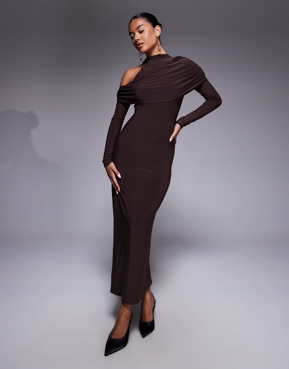 ASOS DESIGN high neck aysm cold shoulder midi dress in chocolate