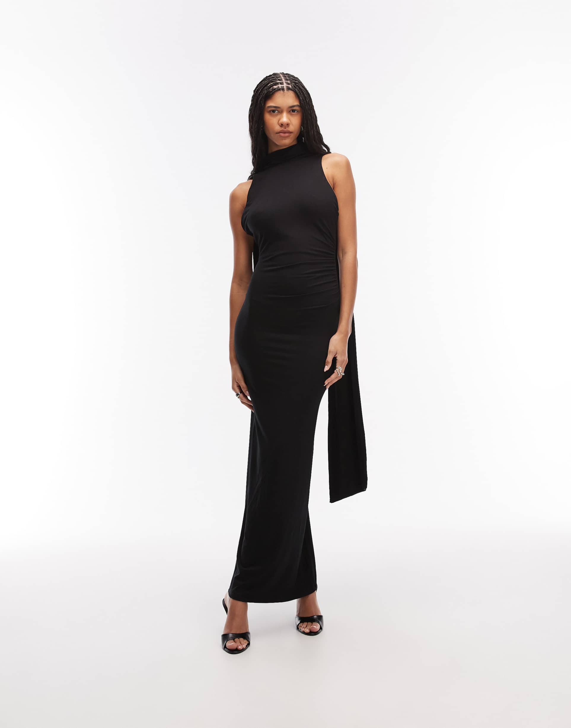 asos design high neck backless maxi dress with drape scarf detail in black