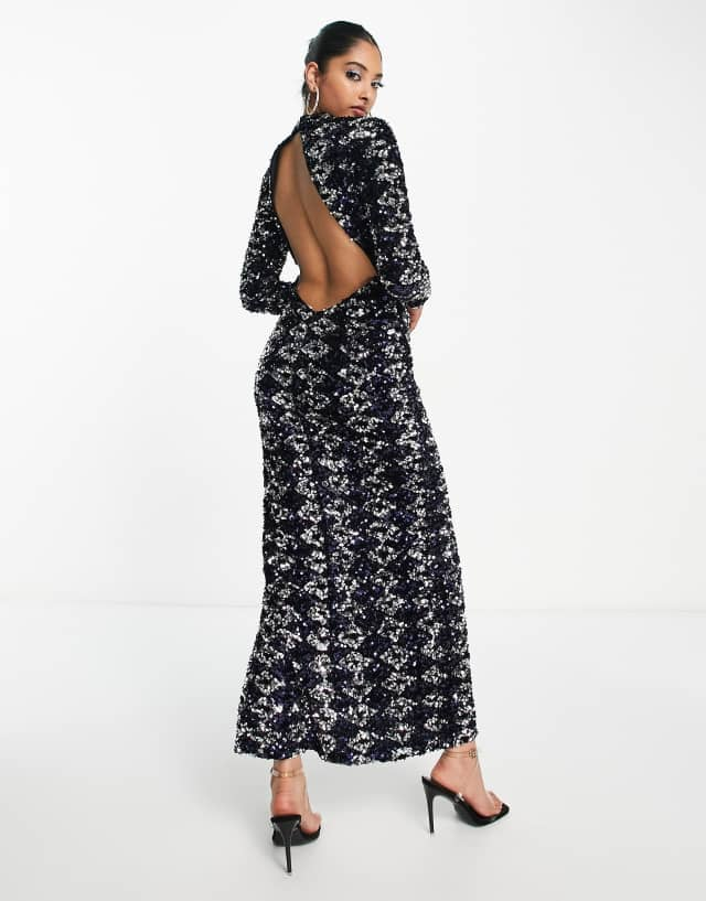 ASOS DESIGN high neck backless sequin maxi dress in midnight blue