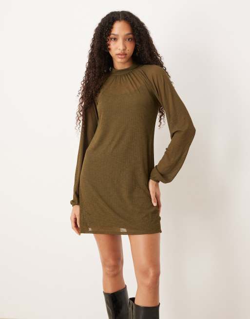 ASOS DESIGN high neck balloon sleeve mini dress in khaki, 2 of 4