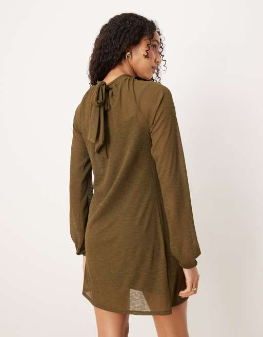 ASOS DESIGN high neck balloon sleeve mini dress in khaki, 3 of 4