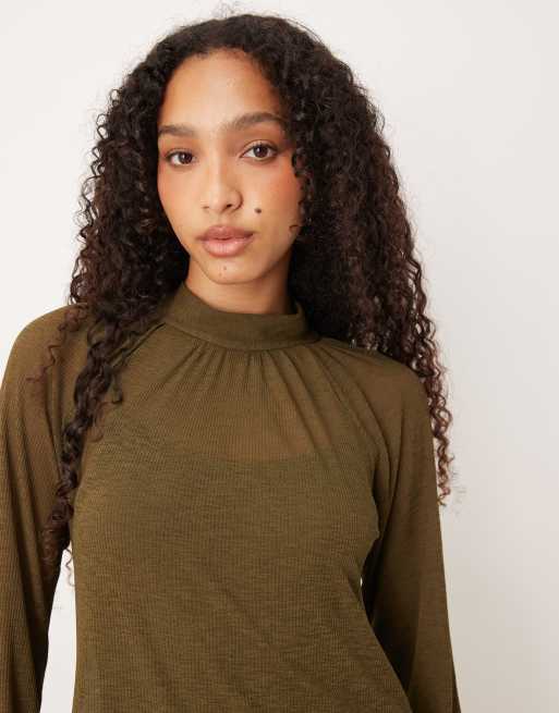 ASOS DESIGN high neck balloon sleeve mini dress in khaki, 4 of 4