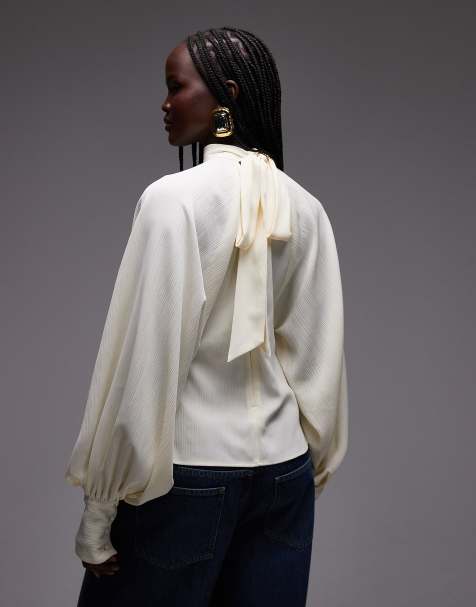 ASOS DESIGN high neck batwing blouse in butter yellow - view 1