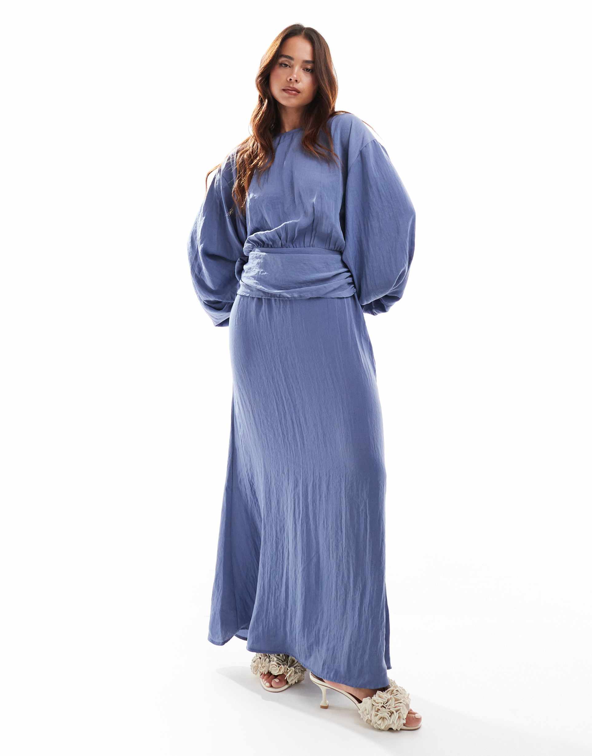 asos design high neck batwing ruched waist satin maxi dress in slate blue