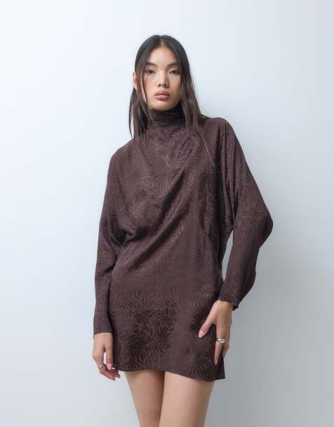 ASOS DESIGN high neck batwing satin jacquard mini dress in brown