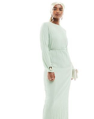 Asos Design High Neck Belted Textured Maxi Dress In Sage Green