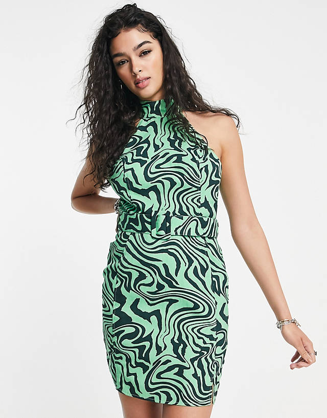 ASOS DESIGN high neck belted twill mini dress in green swirl