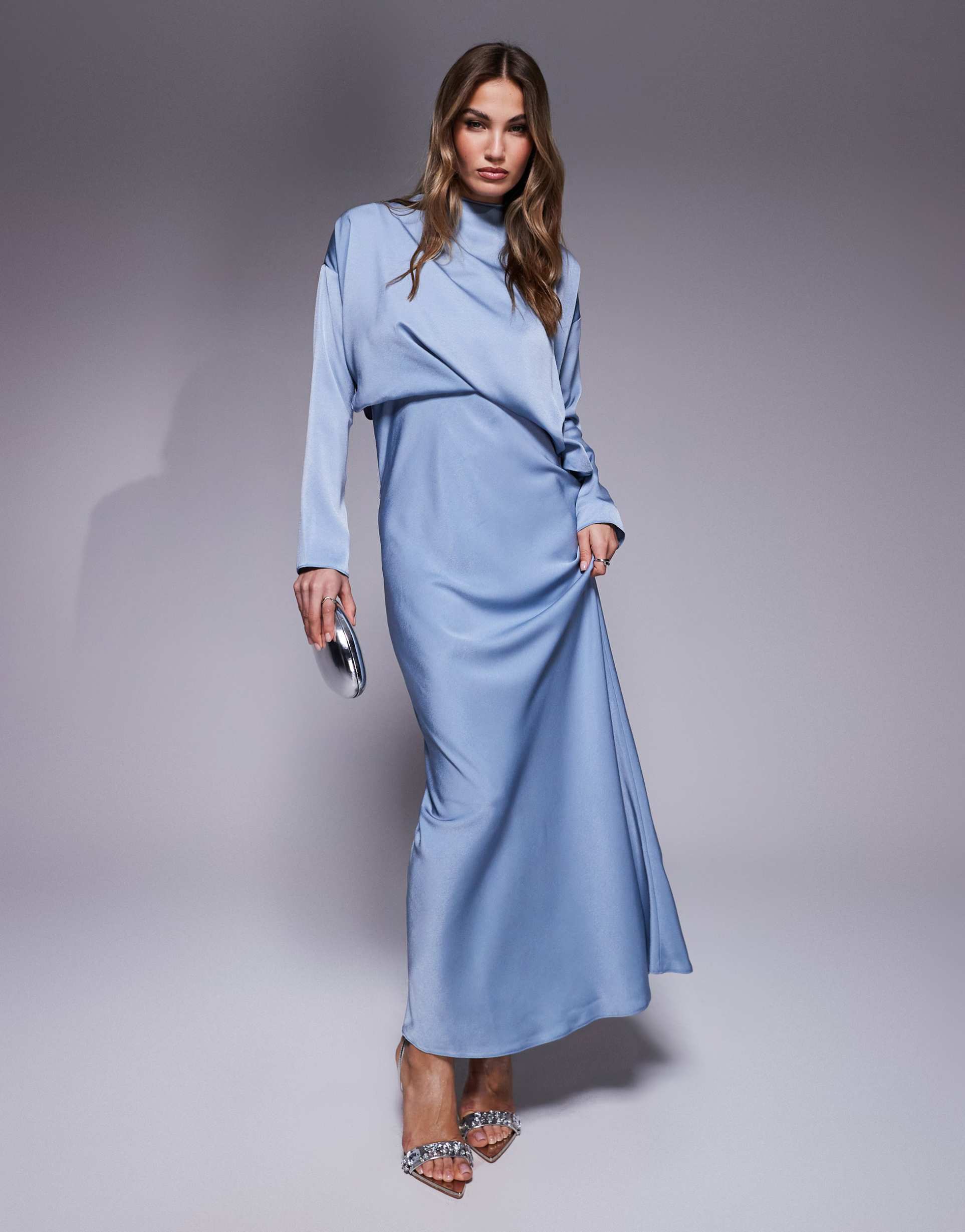 asos design high neck bias cut satin maxi dress with sleeve detail in blue