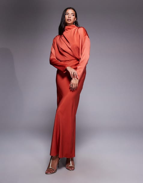 ASOS DESIGN high neck bias cut satin maxi dress with sleeve detailing in rust - view 1