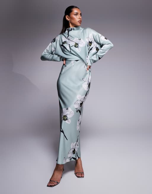 ASOS DESIGN high neck bias satin maxi dress with sleeve detail in large sage floral print