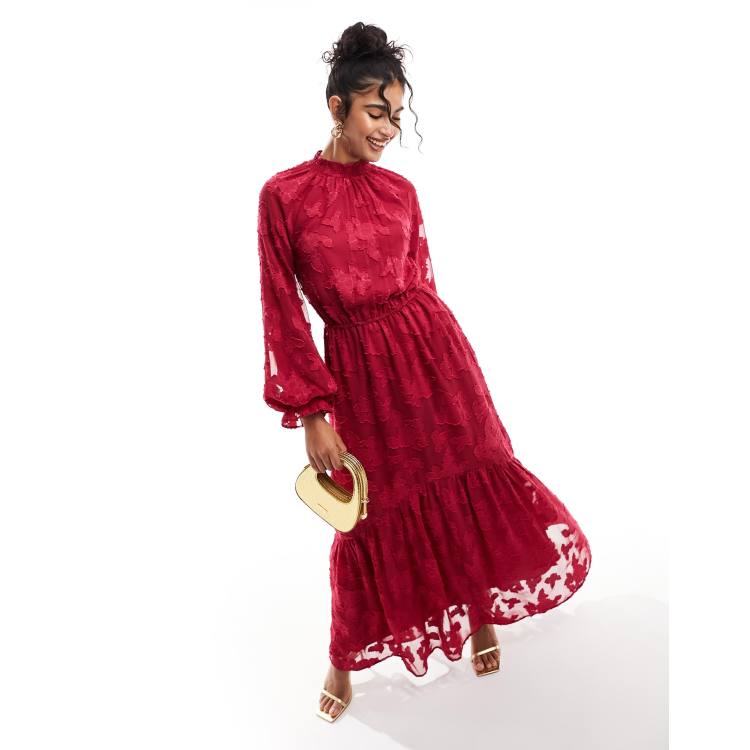 ASOS DESIGN high neck big sleeve jacquard maxi dress in berry red