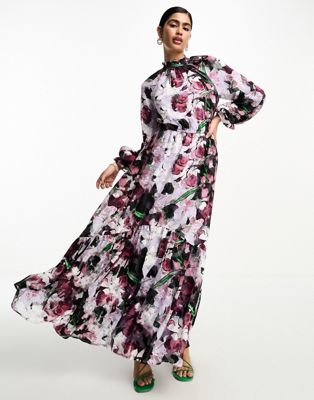 Asos Design High Neck Big Sleeve Jacquard Maxi Dress In Floral Print-multi
