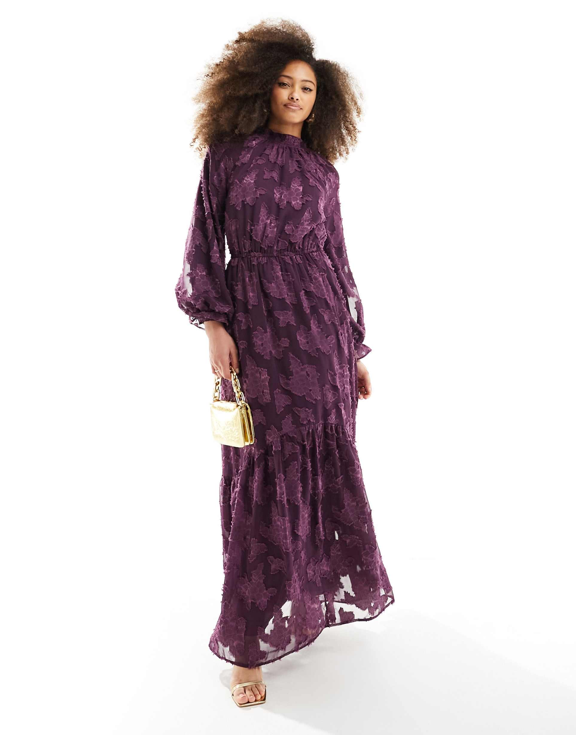 asos design high neck big sleeve jacquard maxi dress in plum