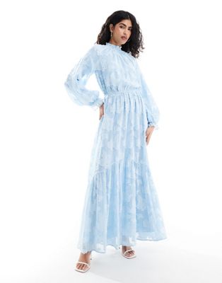 Asos Design High Neck Big Sleeve Jacquard Maxi Dress In Sky Blue-no Color