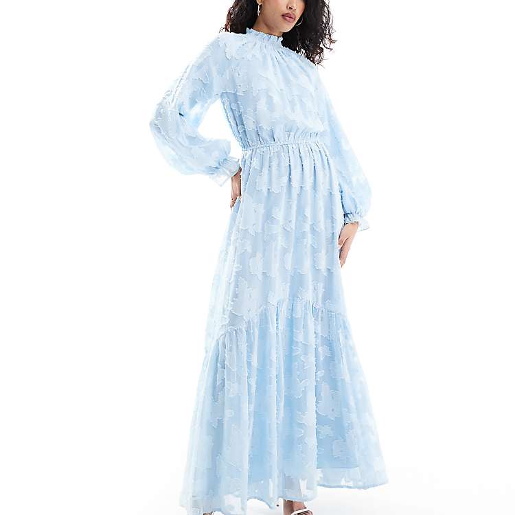 ASOS DESIGN high neck big sleeve jacquard maxi dress in sky ASOS DESIGN high neck big sleeve jacquard maxi dress in sky